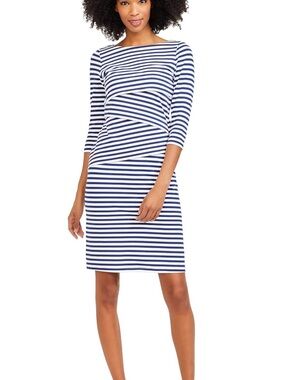 J. McLaughlin Navy and White Striped Three-Quarter Sleeve Sheath Dress